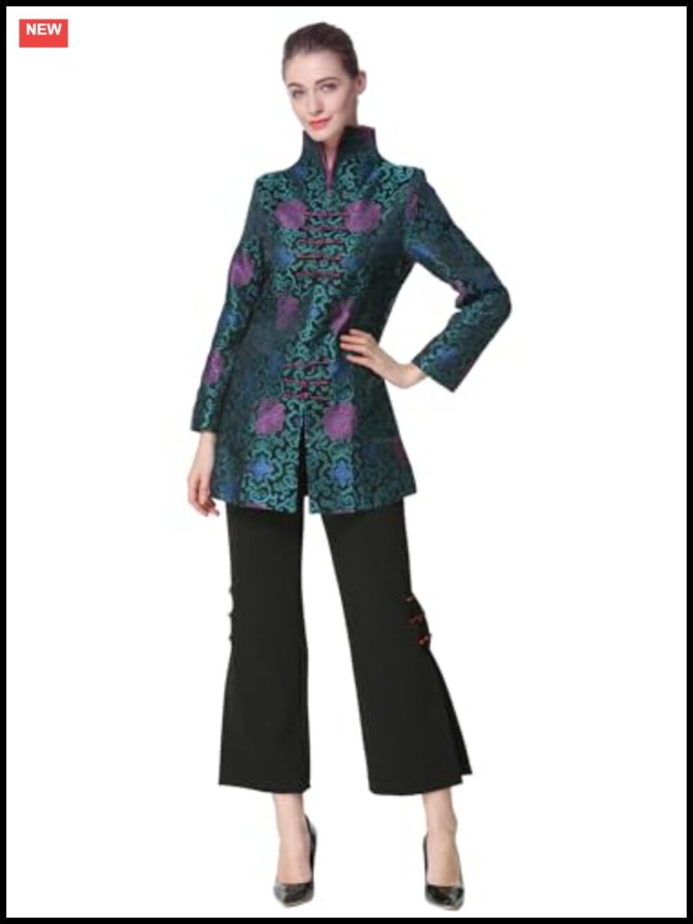 Womens Brocade Mandarin Collar Tang Jacket Frog Button Black